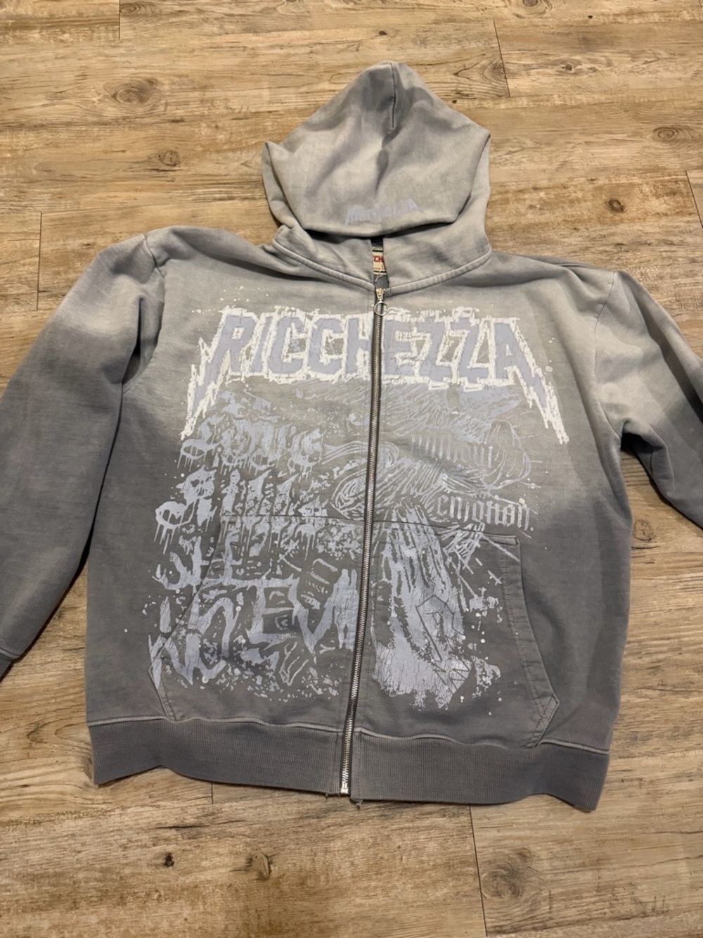 Graphic Zip-Up Hoodie with Light Gray Print
